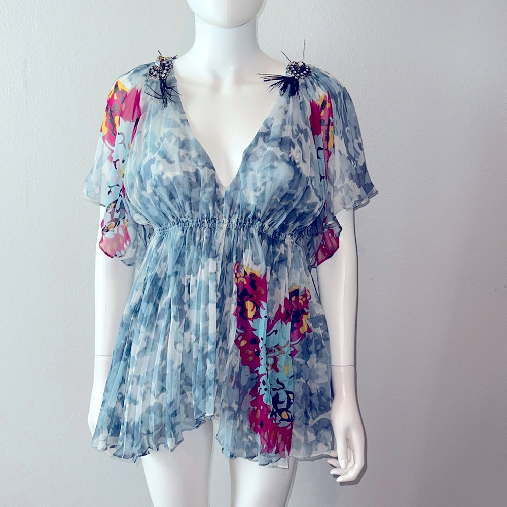 Meghan Fabulous LA blue silk empire waist peacock flutter sleeve blouse 6